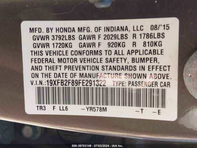 19XFB2F89FE291322 Honda CIVIC EX
