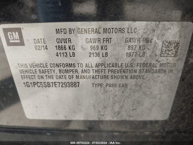 1G1PC5SB7E7293887 Chevrolet Cruze 1lt Auto