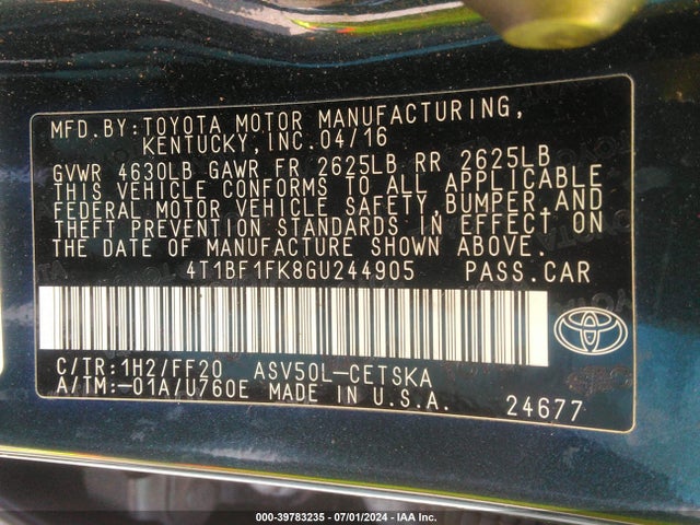 Toyota CAMRY SE 2016 4T1BF1FK8GU244905 Image 9