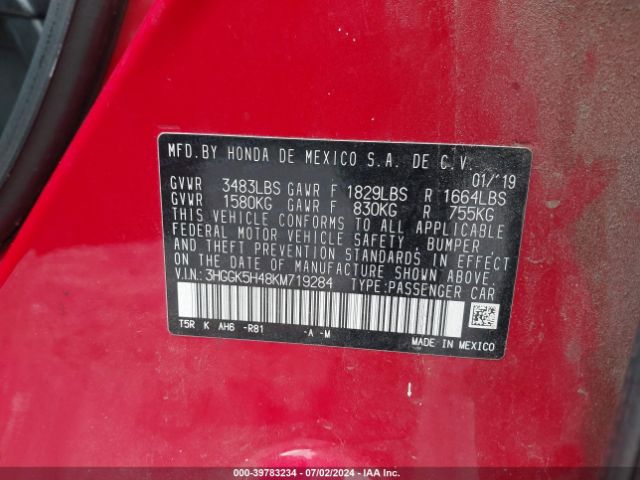 3HGGK5H48KM719284 Honda FIT LX