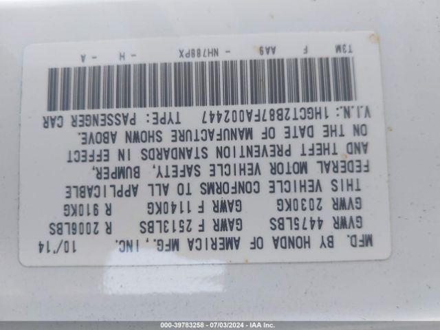 1HGCT2B87FA002447 Honda Accord Ex-l V-6