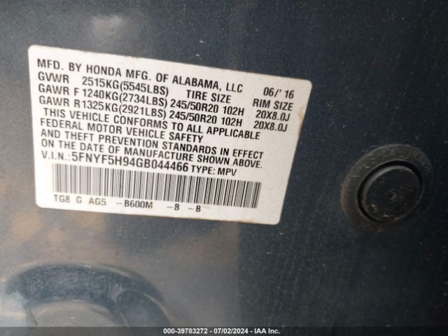 5FNYF5H94GB044466 Honda Pilot Touring