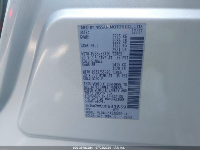 5N1DR2MM2JC631859 Nissan Pathfinder Sl