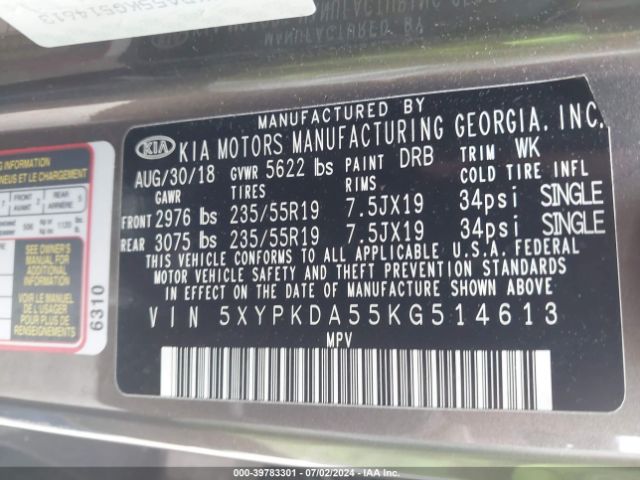 5XYPKDA55KG514613 KIA Sorento 3.3l Sxl