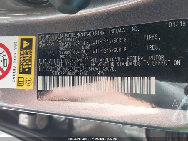 Toyota Highlander Xle 2018 5TDKZRFH8JS534460 Image 9