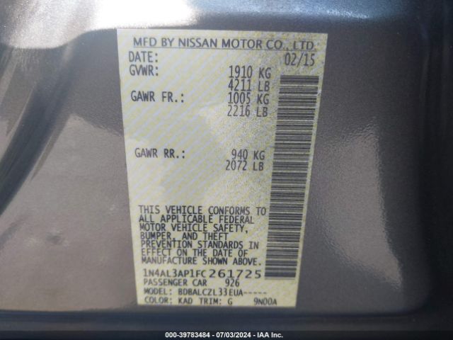 1N4AL3AP1FC261725 Nissan Altima 2.5/2.5 S/2.5 Sl/2.5 Sv
