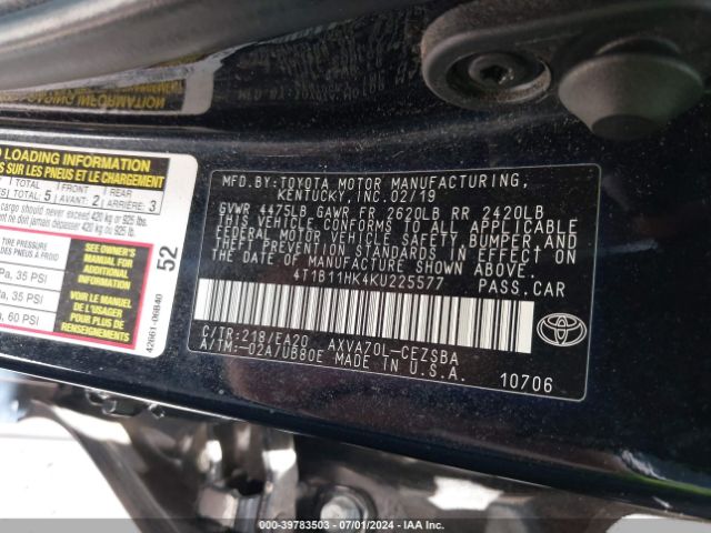 4T1B11HK4KU225577 Toyota CAMRY SE