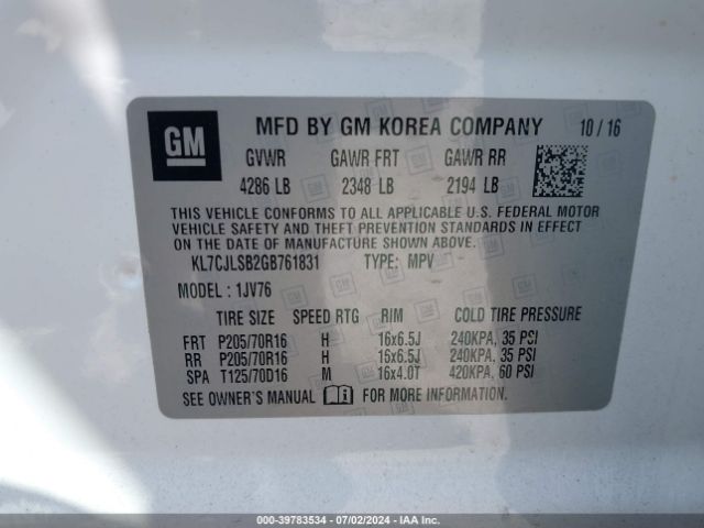 KL7CJLSB2GB761831 Chevrolet Trax Lt