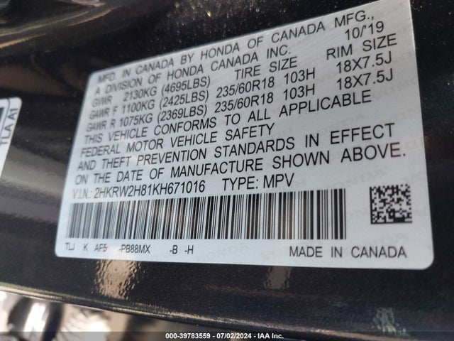 Honda Cr-v Ex-l 2019 2HKRW2H81KH671016 Image 9