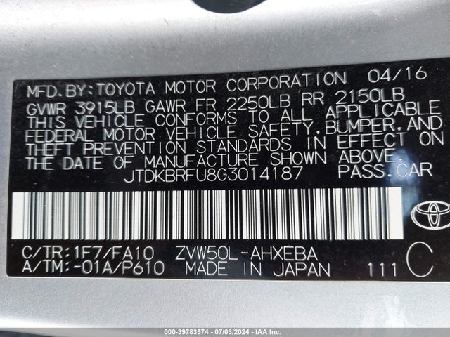 Aukcja sprzedaży 2016 Toyota Prius, vin: JTDKBRFU8G3014187, numer aukcji: 39783574