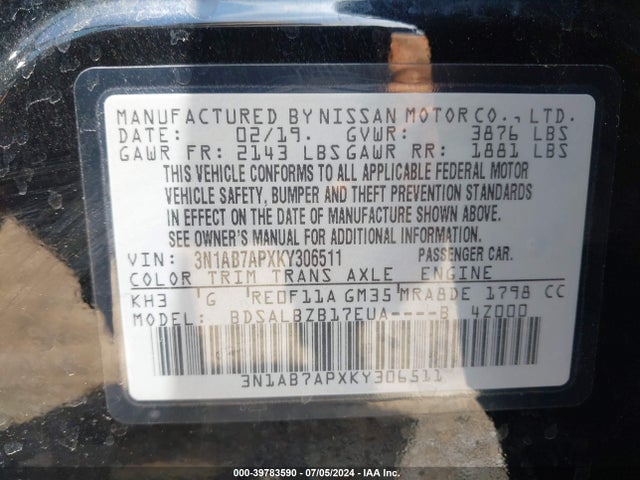 Nissan SENTRA S 2019 3N1AB7APXKY306511 Image 9