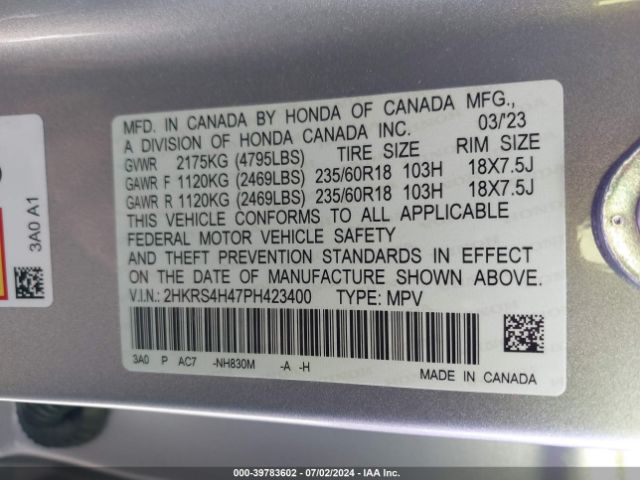 2HKRS4H47PH423400 Honda Cr-v Ex Awd