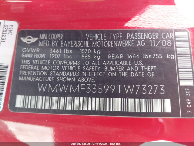 2009 MINI COOPER WMWMF33599TW73273 Photo 8
