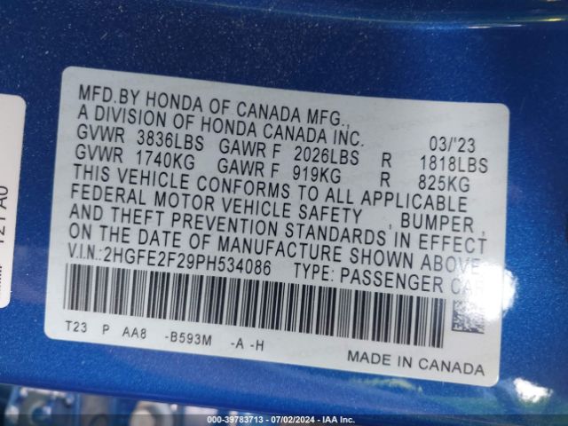 2HGFE2F29PH534086 Honda Civic Lx