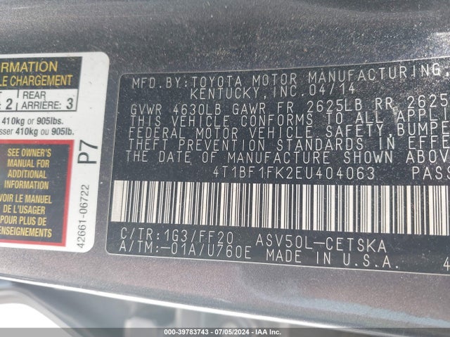 Toyota CAMRY SE 2014 4T1BF1FK2EU404063 Image 9