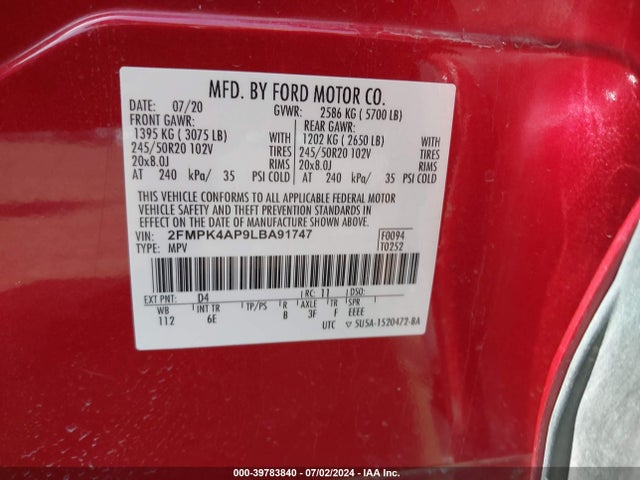 Ford EDGE ST 2020 2FMPK4AP9LBA91747 Image 9