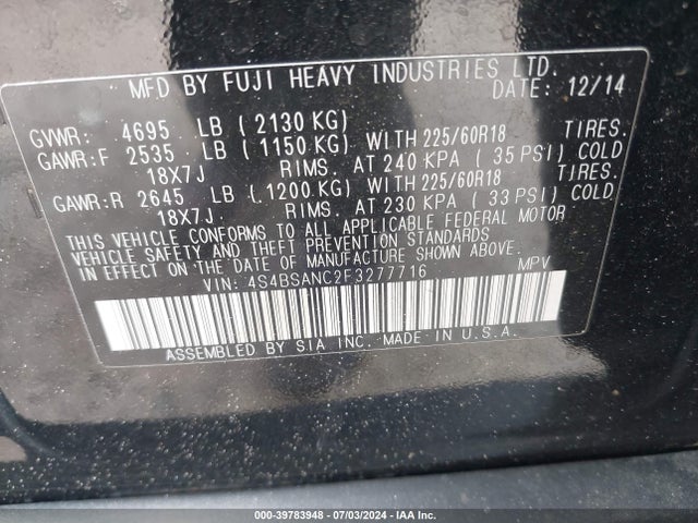 Subaru Outback 2.5i Limited 2015 4S4BSANC2F3277716 Image 9