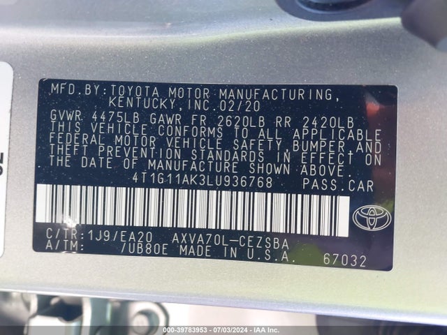 4T1G11AK3LU936768 Toyota CAMRY SE