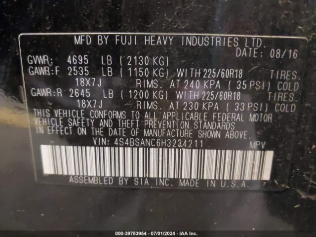 4S4BSANC6H3234211 Subaru Outback 2.5i Limited