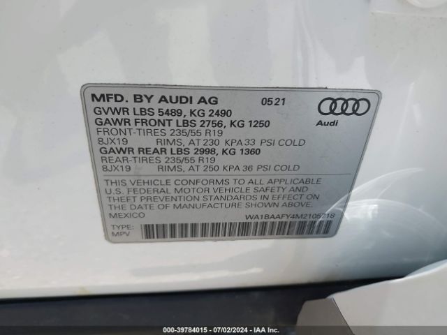 WA1BAAFY4M2105718 Audi Q5 Premium Plus 45 Tfsi Quattro S Tronic