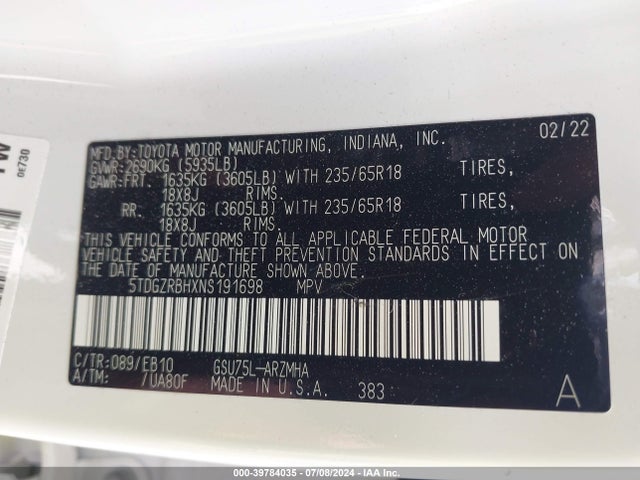 Toyota Highlander Xle 2022 5TDGZRBHXNS191698 Image 18