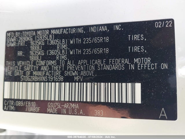 Toyota Highlander Xle 2022 5TDGZRBHXNS191698 Image 9