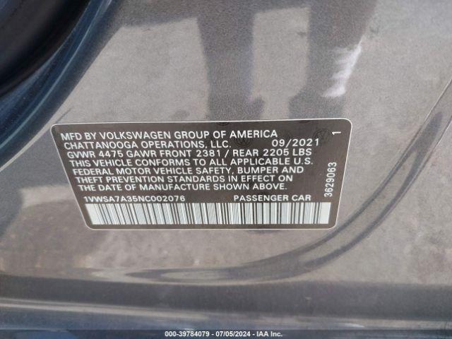 1VWSA7A35NC002076 Volkswagen Passat 2.0t Se