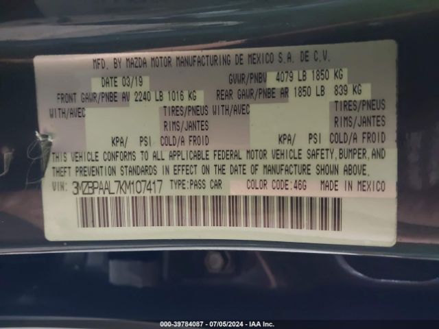3MZBPAAL7KM107417 Mazda Mazda3 Select Package