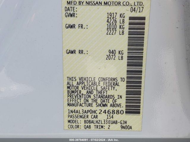 1N4AL3AP0HC246880 Nissan Altima 2.5 Sr