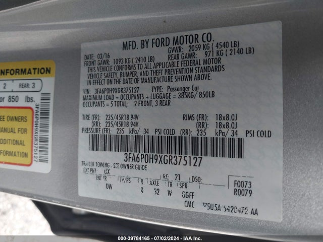 Ford FUSION SE 2016 3FA6P0H9XGR375127 Image 9