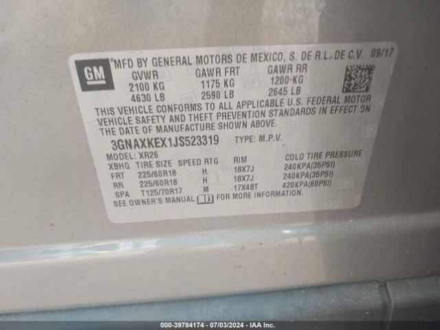 3GNAXKEX1JS523319 Chevrolet EQUINOX LT