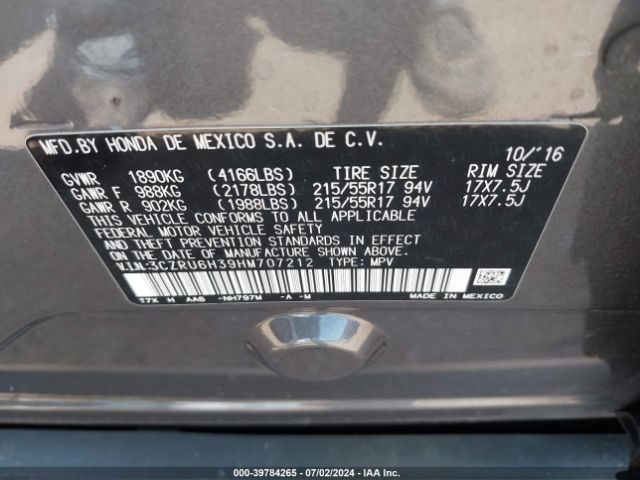 3CZRU6H39HM707212 Honda HR-V LX