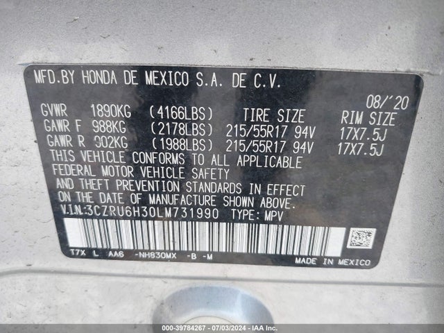 Honda Hr-v Awd Lx 2020 3CZRU6H30LM731990 Image 9