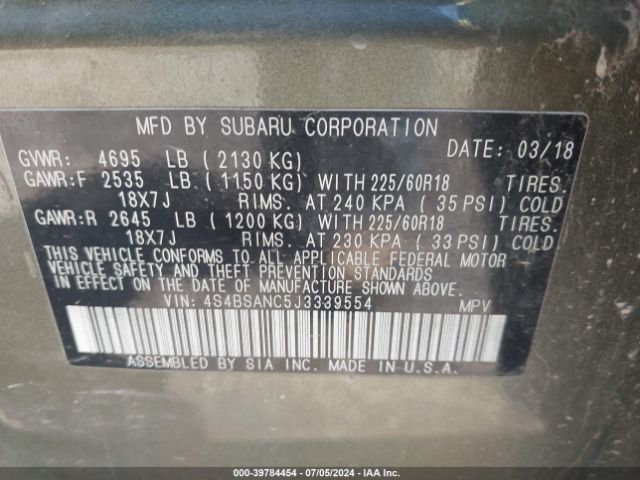 4S4BSANC5J3339554 Subaru Outback 2.5i Limited