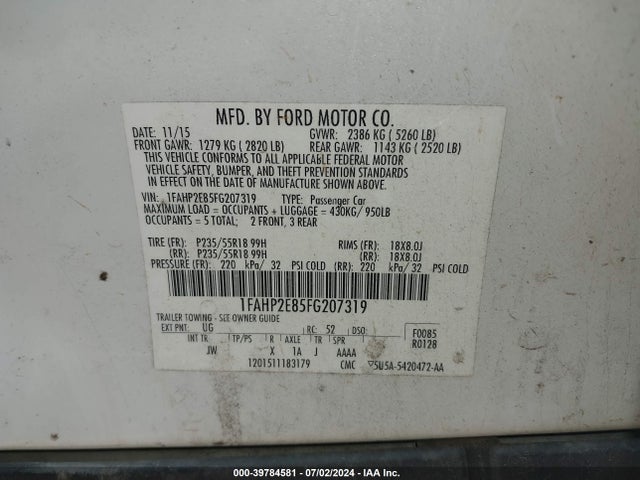 1FAHP2E85FG207319 Ford TAURUS SEL