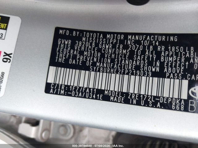 5YFBURHE2FP219039 Toyota COROLLA L