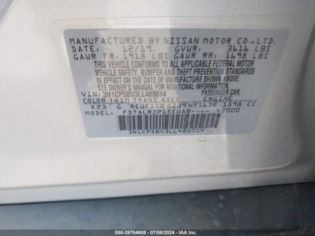 3N1CP5BV3LL488014 Nissan Kicks S Xtronic Cvt