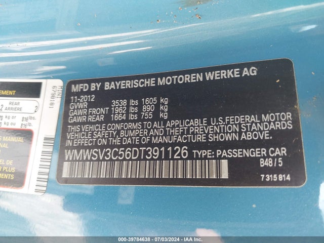 2013 MINI HARDTOP WMWSV3C56DT391126 Photo 8