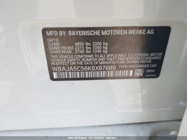 WBAJA5C56KBX87689 BMW 530I