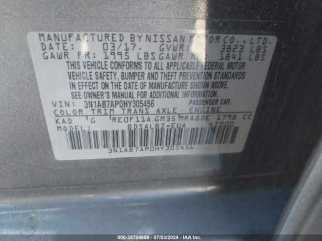 3N1AB7AP0HY305456 Nissan SENTRA S