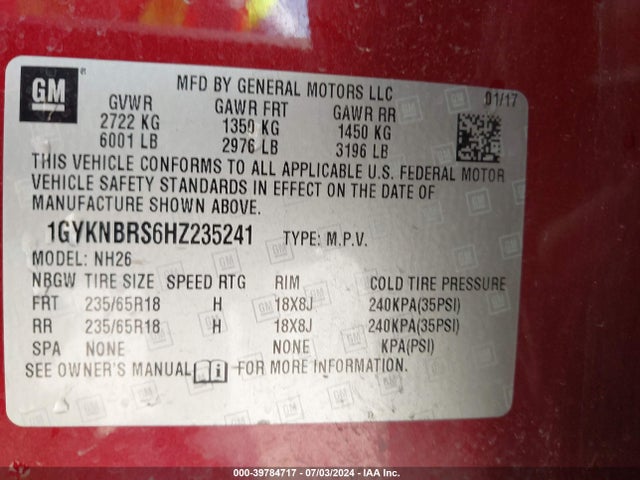 1GYKNBRS6HZ235241 Cadillac XT5 LUXURY