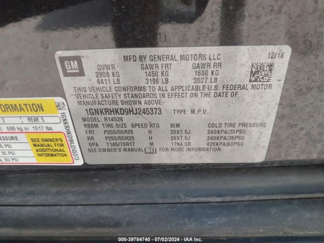 1GNKRHKD9HJ245373 Chevrolet Traverse 2lt