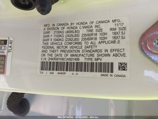 2HKRW1H97JH501499 Honda Cr-v Touring