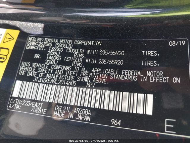 JTJHZKEA9L2014605 Lexus Rx 350l