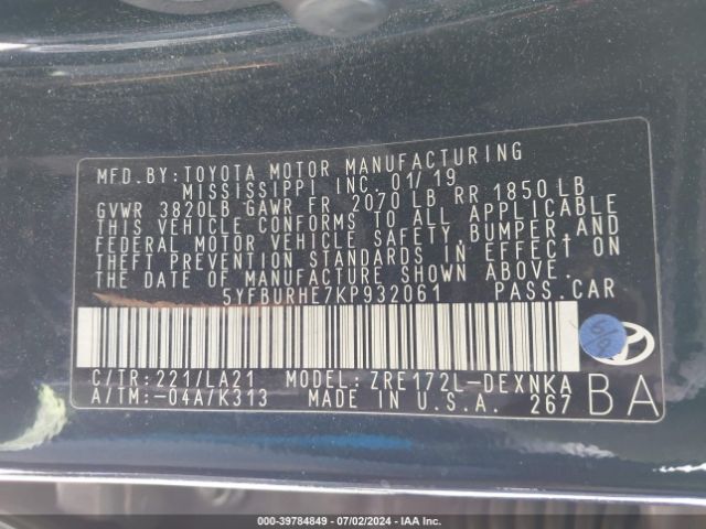 5YFBURHE7KP932061 Toyota Corolla Xle