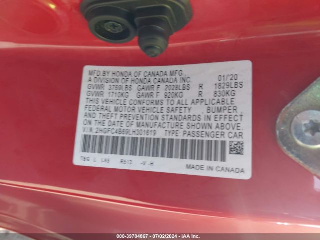 2HGFC4B69LH301619 Honda Civic Lx