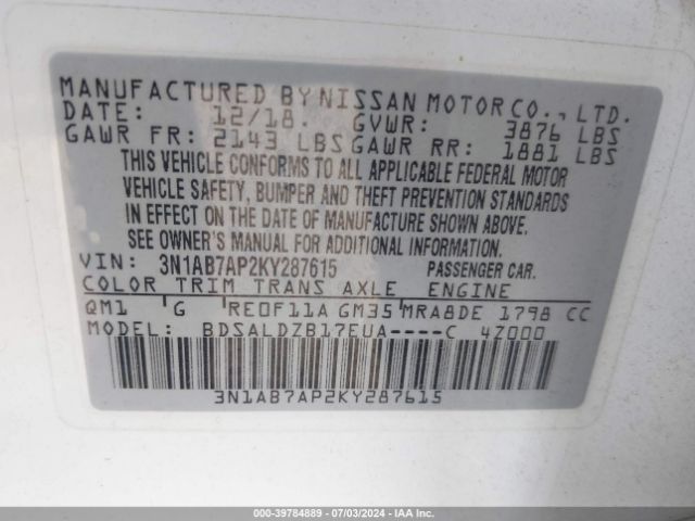 3N1AB7AP2KY287615 Nissan SENTRA SV