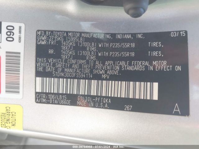5TDYK3DC0FS594114 Toyota Sienna Limited Premium 7 Passenger