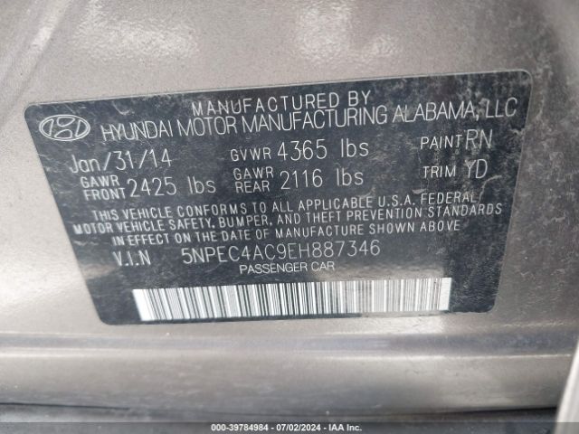 5NPEC4AC9EH887346 Hyundai Sonata Limited