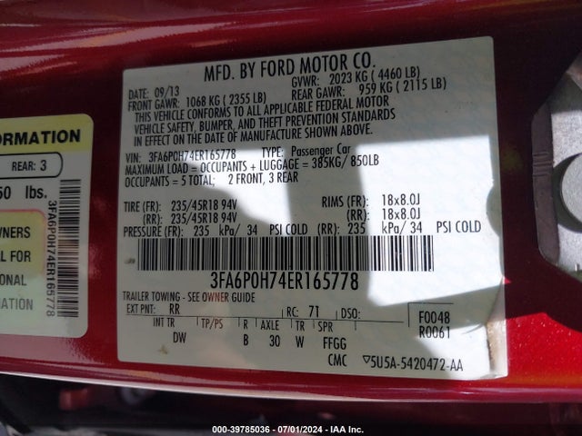 Ford FUSION SE 2014 3FA6P0H74ER165778 Image 9